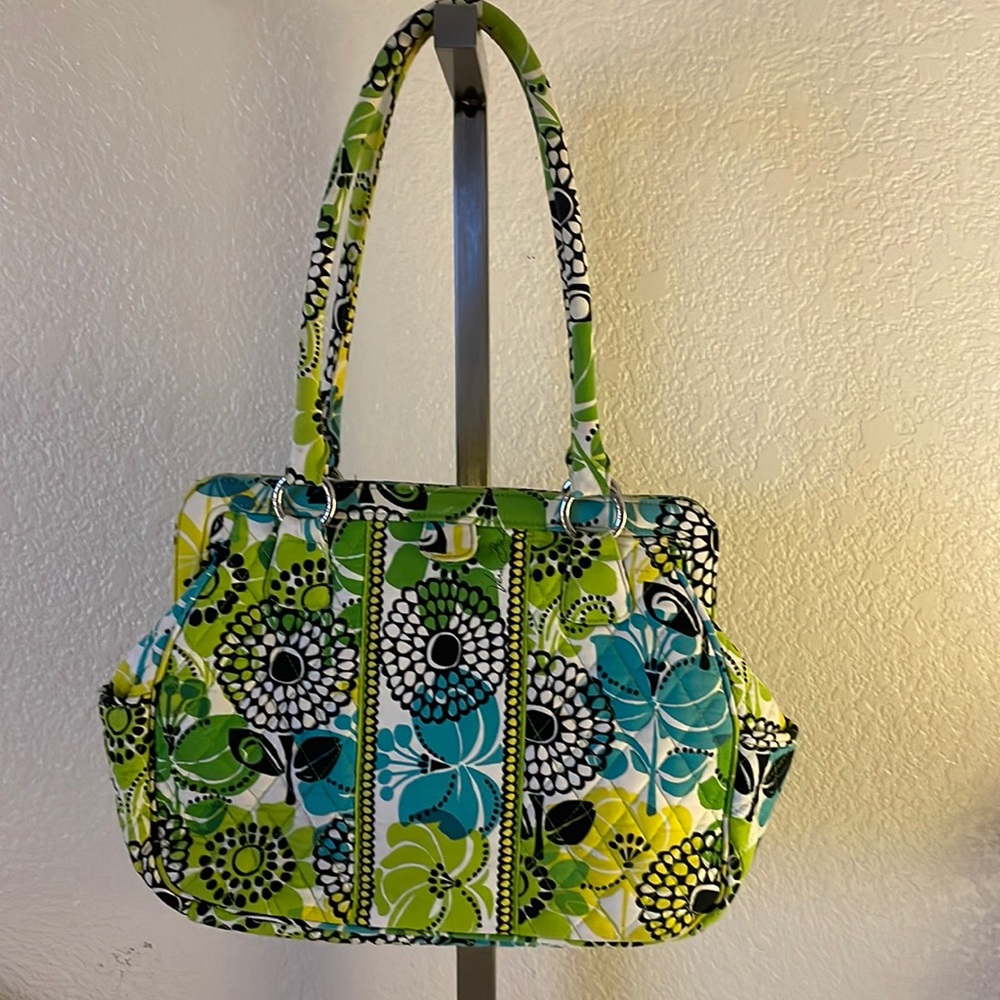 Vera Bradley bag satchel purse tote green lime blue black flower pattern